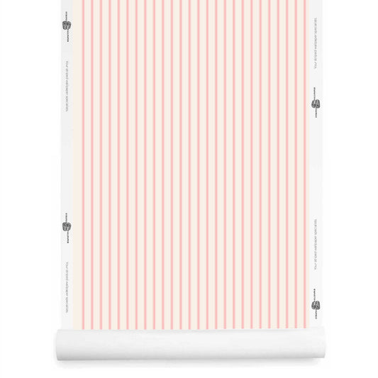 pink ticking stripe wallpaper roll in piglet pink and warm white