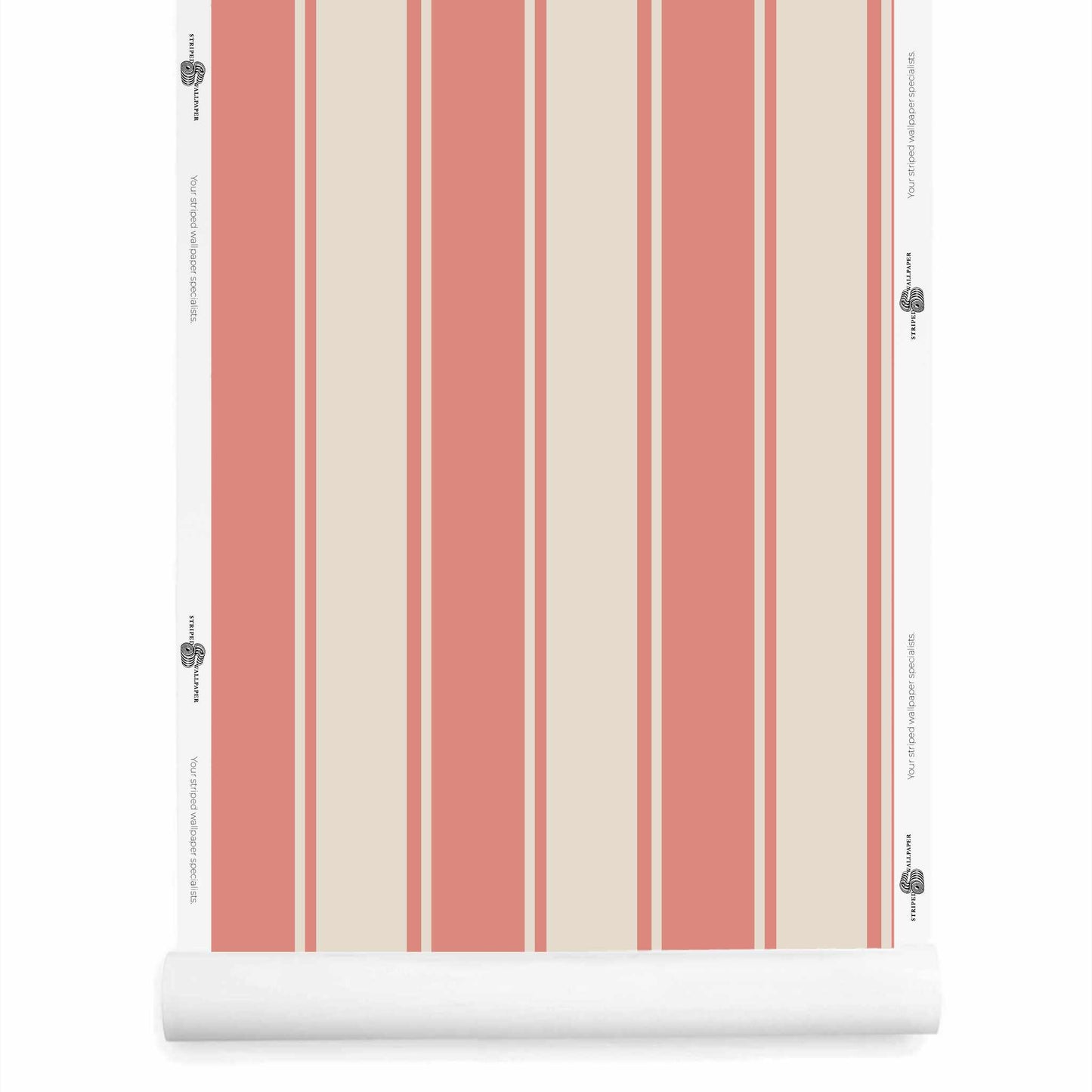 pink and cream striped wallpaper roll in lox and silt