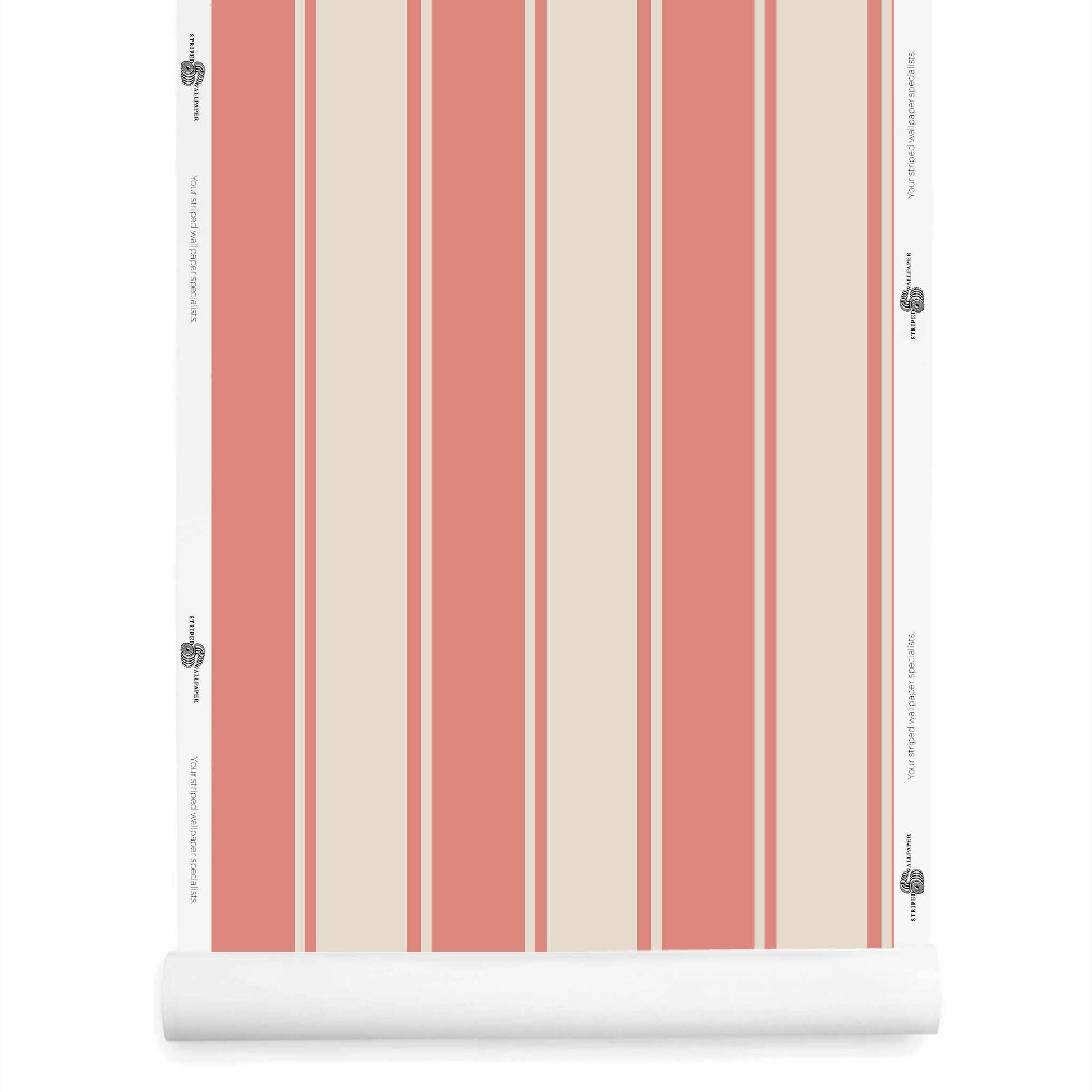 pink and cream striped wallpaper roll in lox and silt
