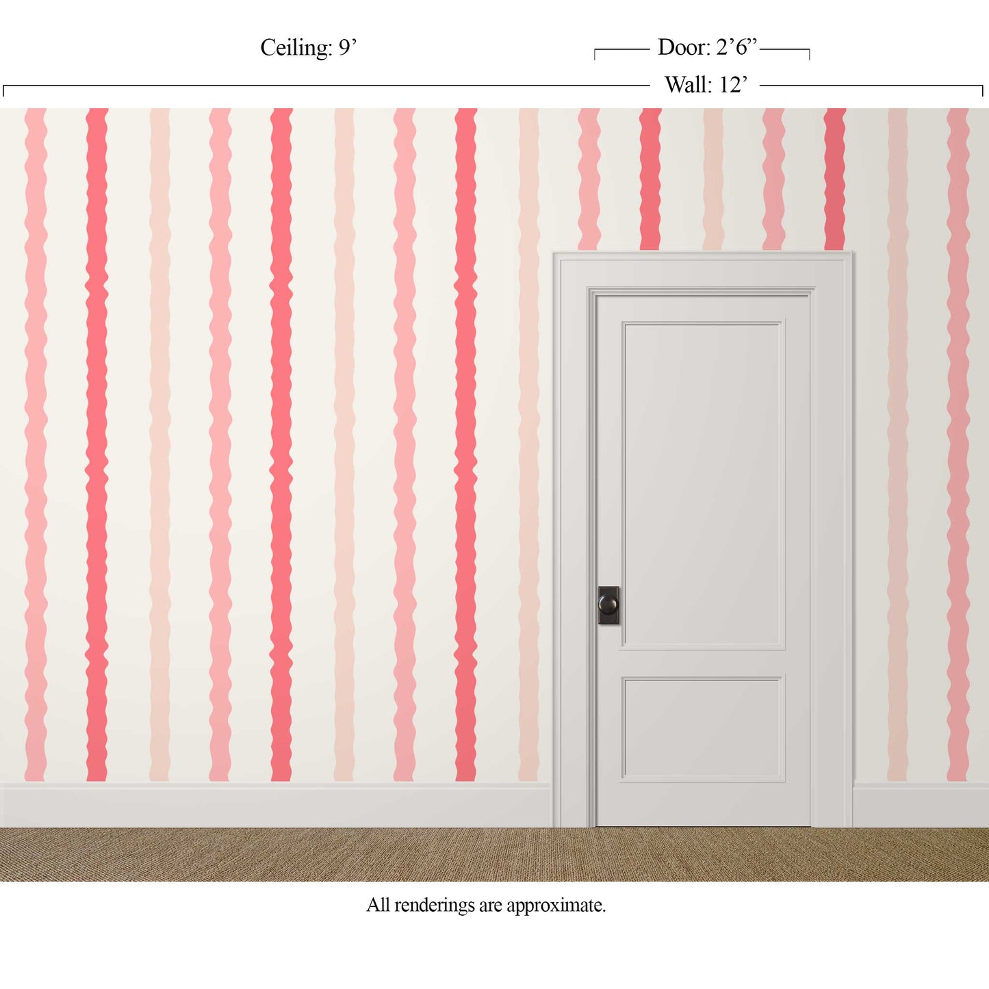 pink and cream wavy striped wallpaper in a hallway or landing