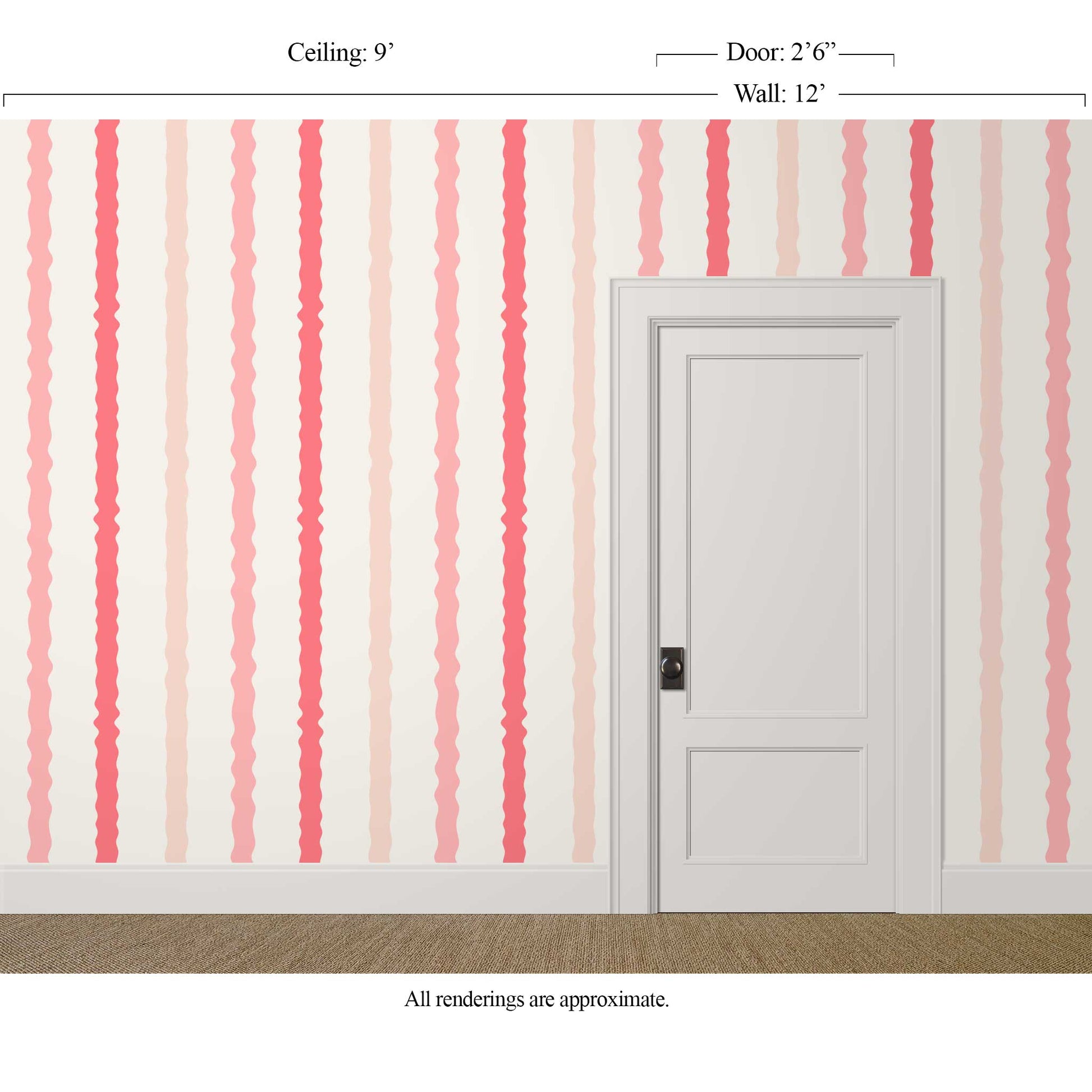 pink and cream wavy striped wallpaper in a hallway or landing