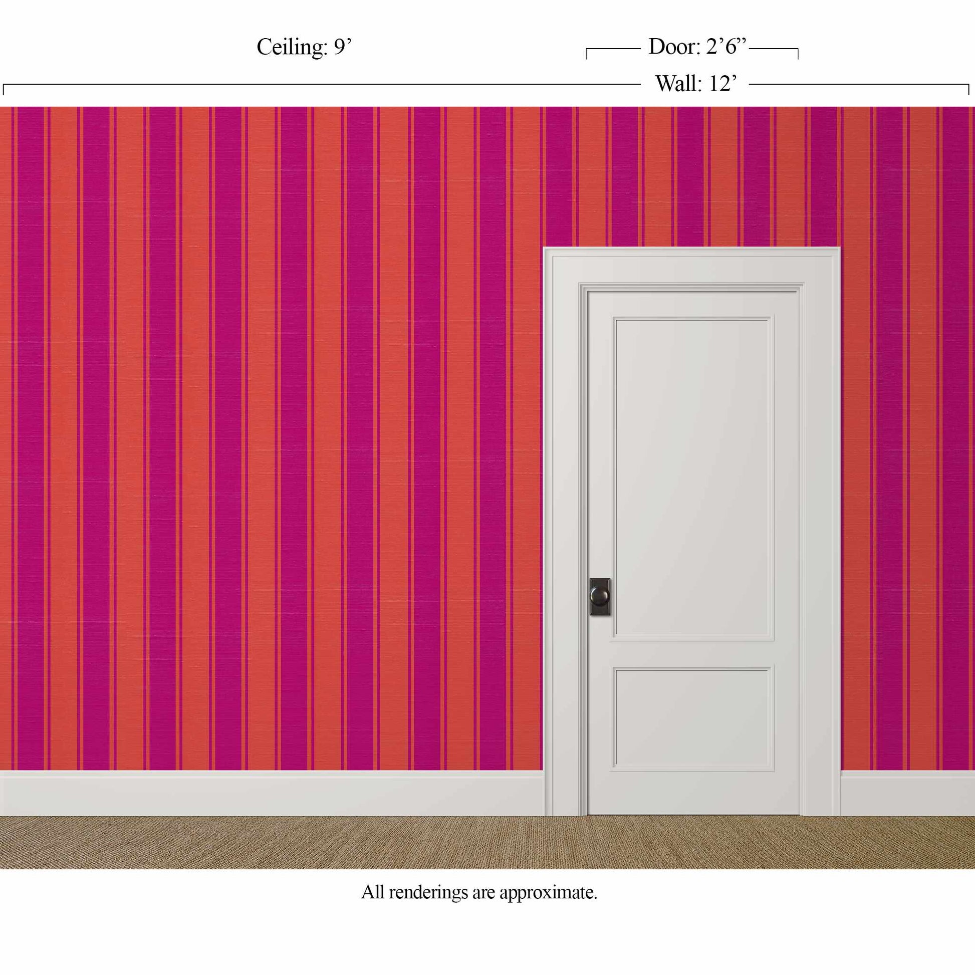 Large-scale pink and red striped wallpaper with silk finish in a glamorous bedroom