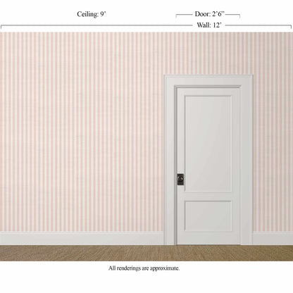 Narrow pink and white striped wallpaper with silk finish in a softly styled nursery