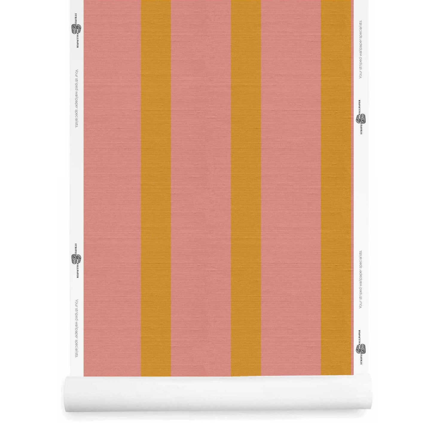 pink and yellow striped wallpaper roll with silk finish in salmon pink and golden yellow