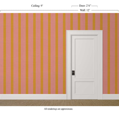 pink and yellow striped wallpaper in a warm mediterranean-inspired interior