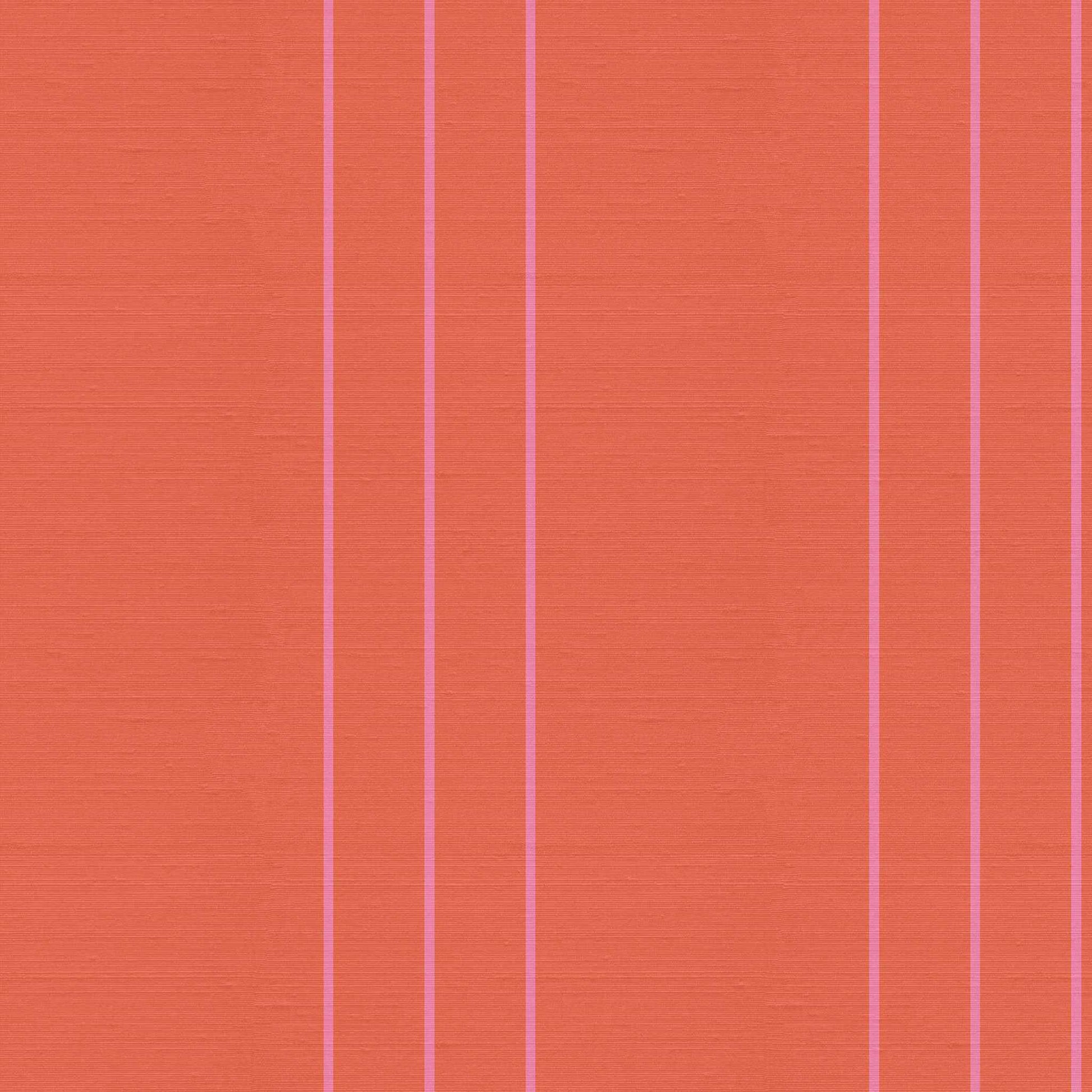 Arno pinstripe wallpaper pattern in Sedona salmon orange and Double Bubble bubblegum pink, silk finish striped wallpaper close-up