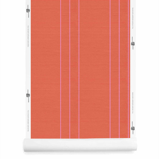 Pink and orange pinstriped wallpaper roll with silk finish, Sedona and Double Bubble pinstripe by Striped Wallpaper