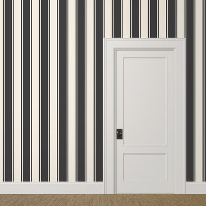 Large-scale black and cream striped wallpaper in a classic dining room – Whitfield