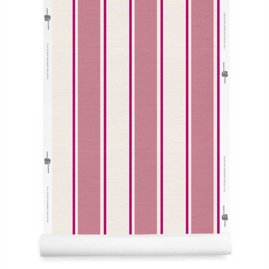 preppy pink and white striped wallpaper roll with silk finish