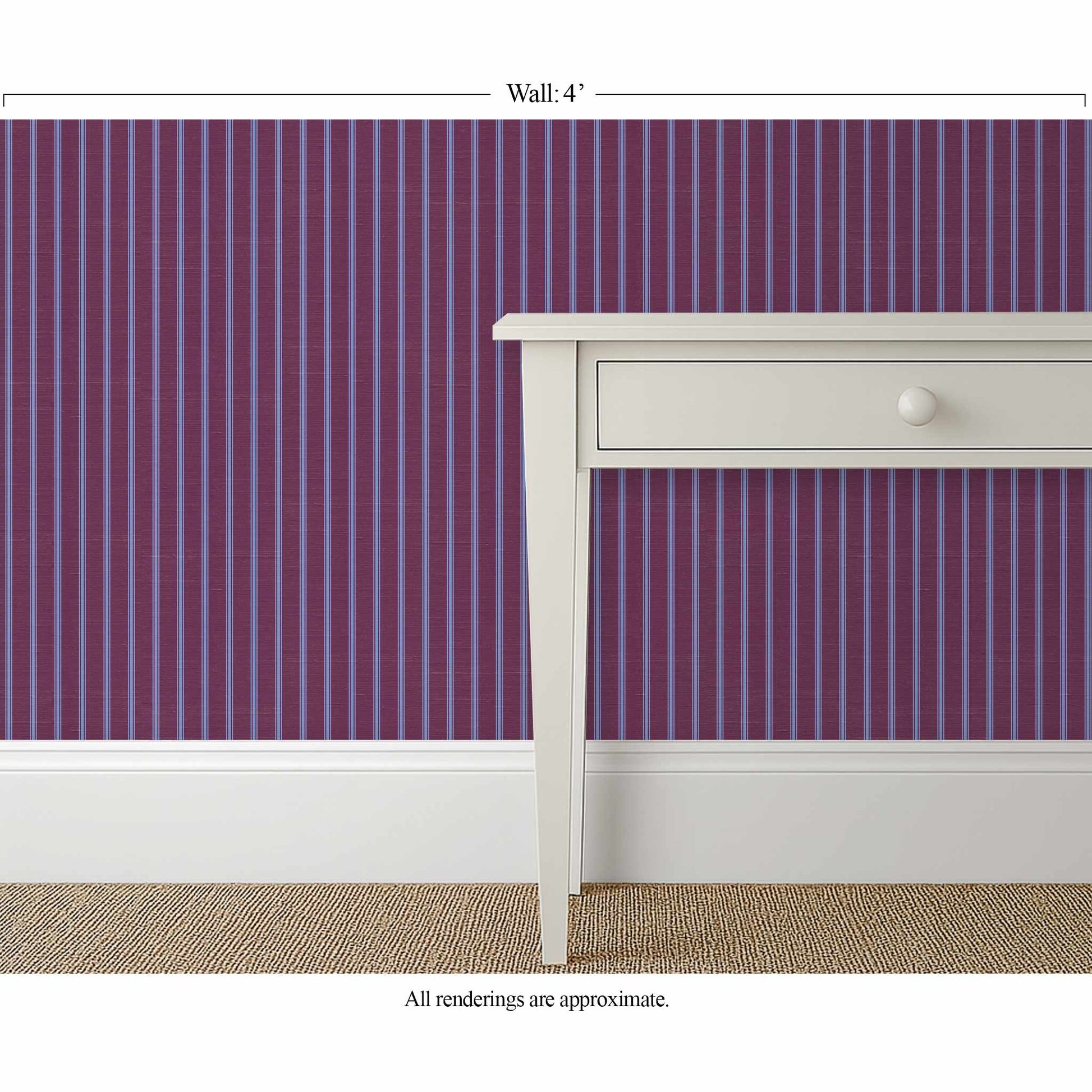 Fine purple and blue ticking stripe wallpaper with silk finish in a creative home office