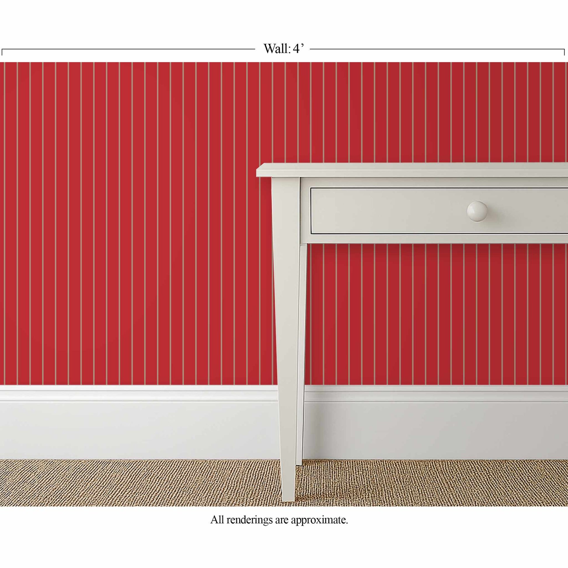 Narrow red pinstripe wallpaper with mushroom stripe in a traditional library