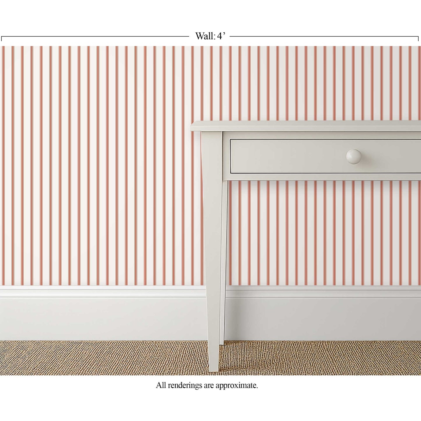 Narrow red ticking stripe wallpaper in a New Traditional guest bedroom