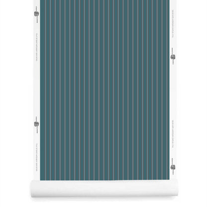 Red and blue ticking stripe wallpaper roll with petite, graphic stripes