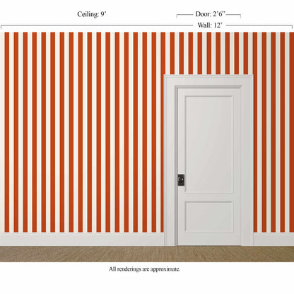 Medium-scale red and cream striped wallpaper in a carnival-inspired children's room