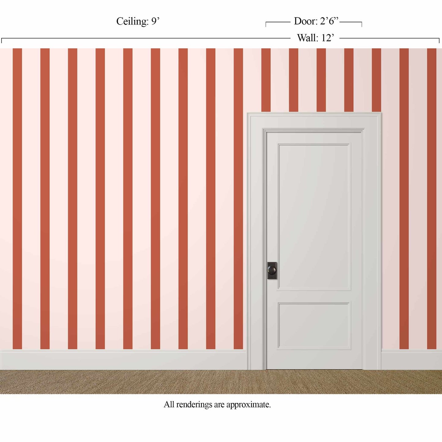 Wide-scale red and light pink striped wallpaper in a softly tailored primary bedroom