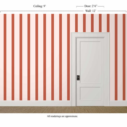 Wide-scale red and light pink striped wallpaper in a softly tailored primary bedroom