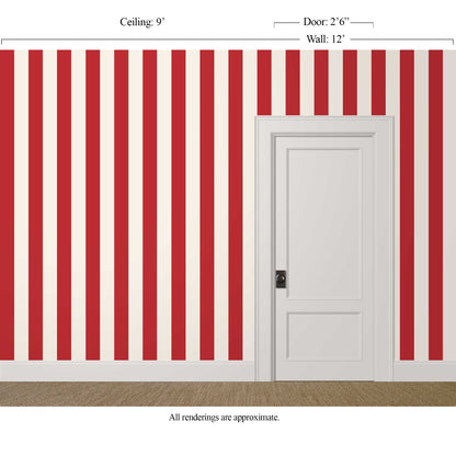 Wide red and white striped wallpaper in a dramatic dining room with tall, white, architectural trim