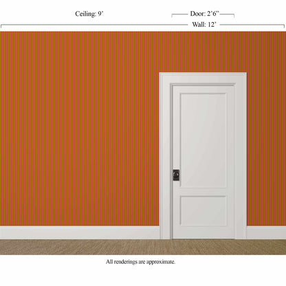 Narrow red and yellow striped wallpaper in an avant garde dining room with white trim, dark wood and sculptural lighting