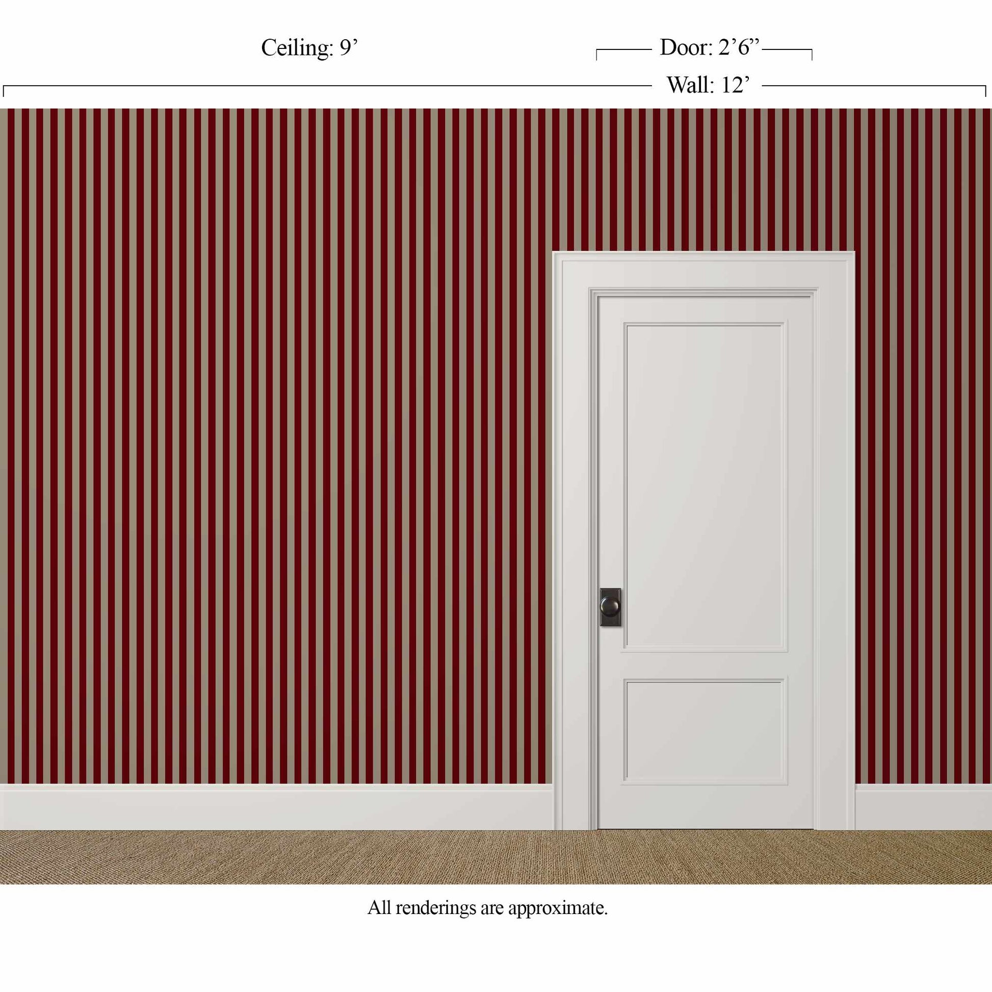 Small-scale red and grey striped wallpaper in a masculine primary bedroom with ivory trim