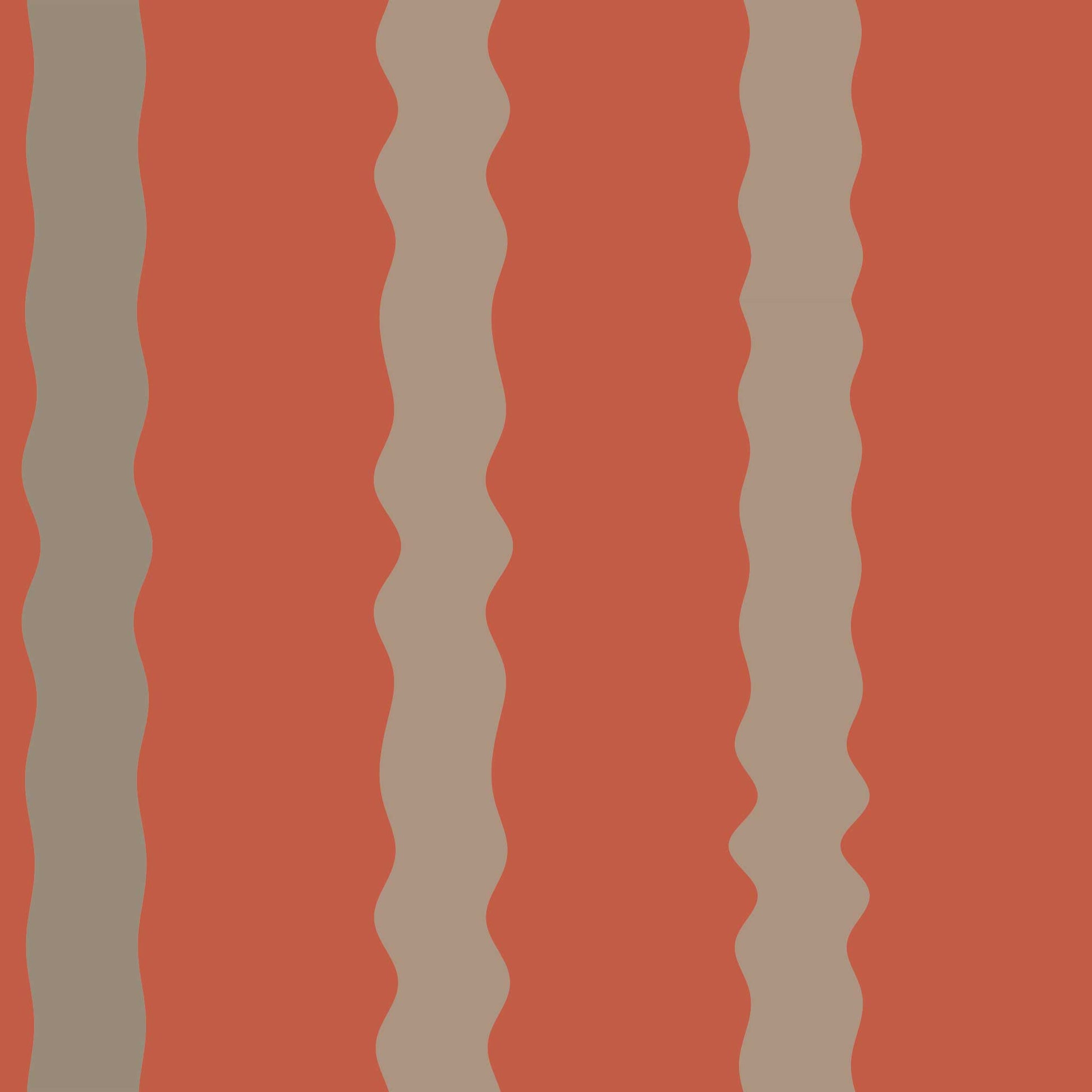 Rust red and beige wavy vertical stripe wallpaper pattern in terracotta and mushroom