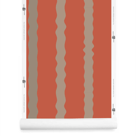 Rust red and beige wavy striped wallpaper roll in terracotta and mushroom tones, Maiden pattern