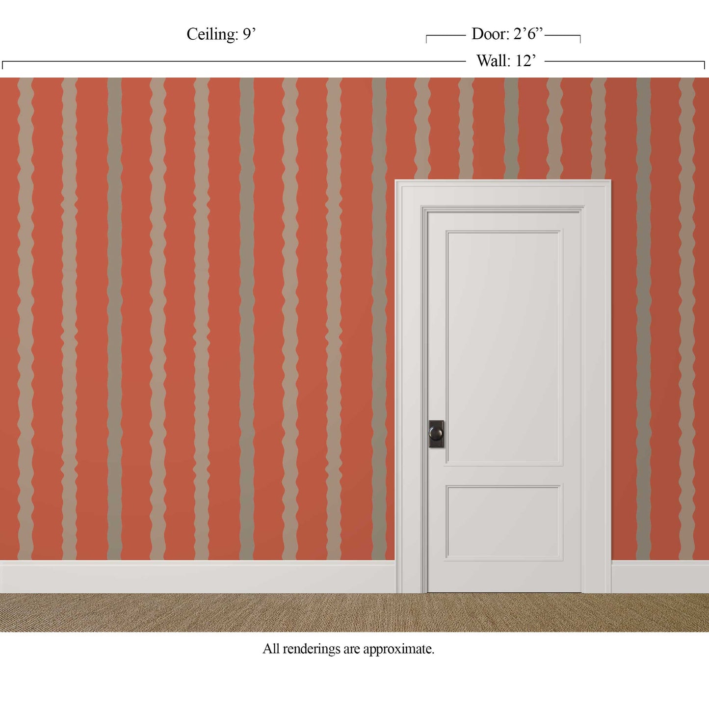 Rust red and beige wavy striped wallpaper in terracotta and mushroom tones styled in a refined gallery-style room with art-ready walls