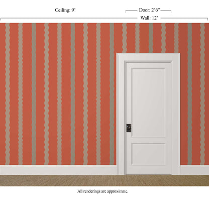 Rust red and beige wavy striped wallpaper in terracotta and mushroom tones styled in a refined gallery-style room with art-ready walls