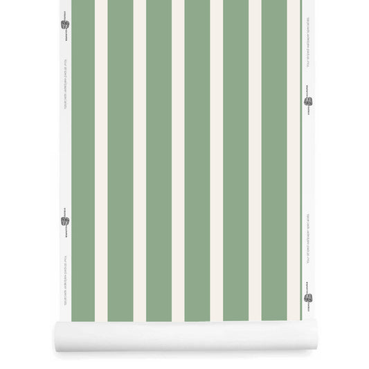 Sage striped wallpaper roll – Morslay pattern in celadon and soft cream