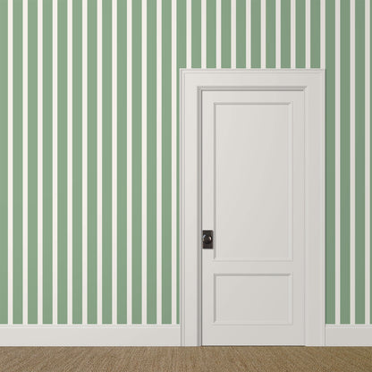 Sage striped wallpaper with alternating celadon and soft cream stripes in a calm, traditional-meets-modern interior
