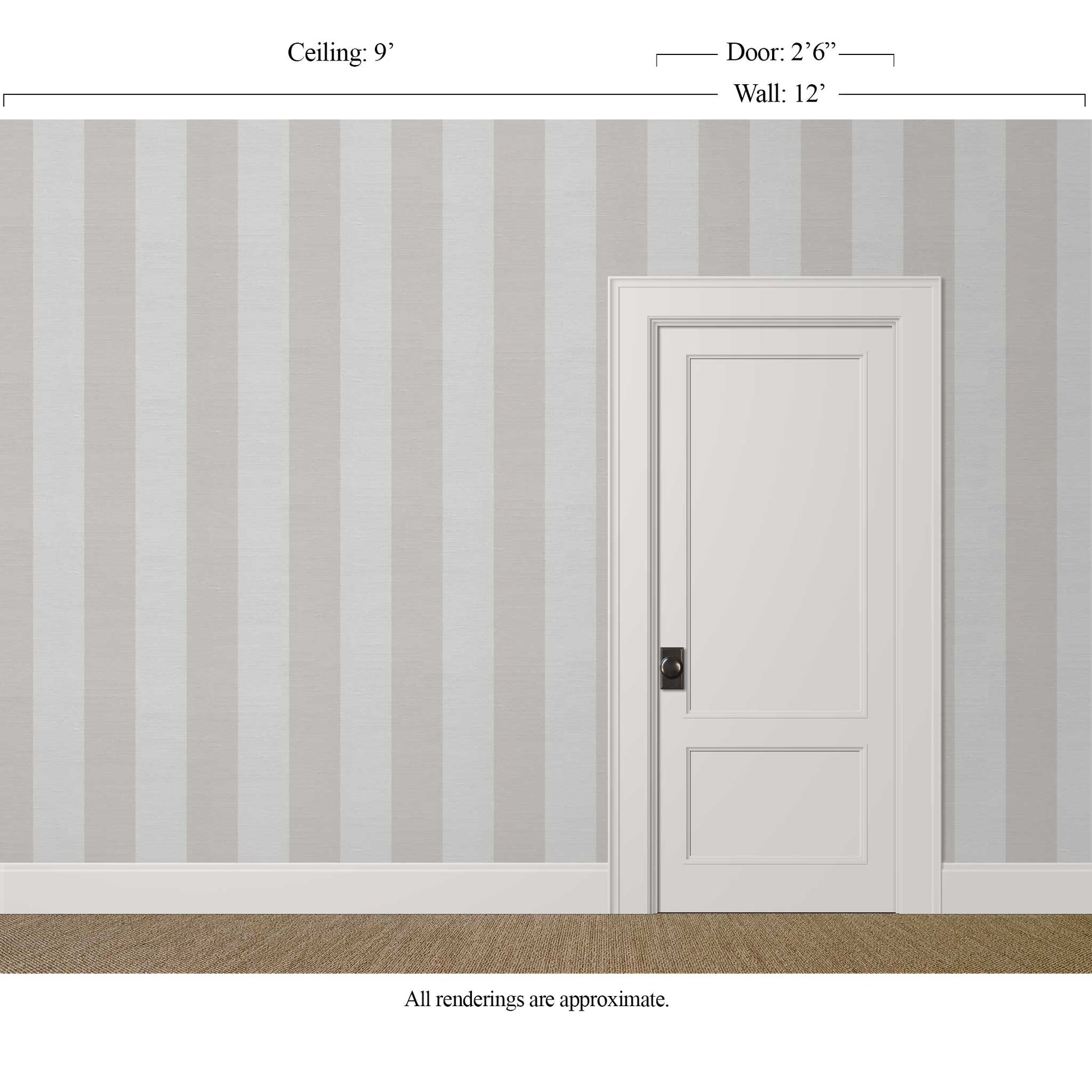 Wide silver and grey striped wallpaper with silk finish in an elegant bedroom interior