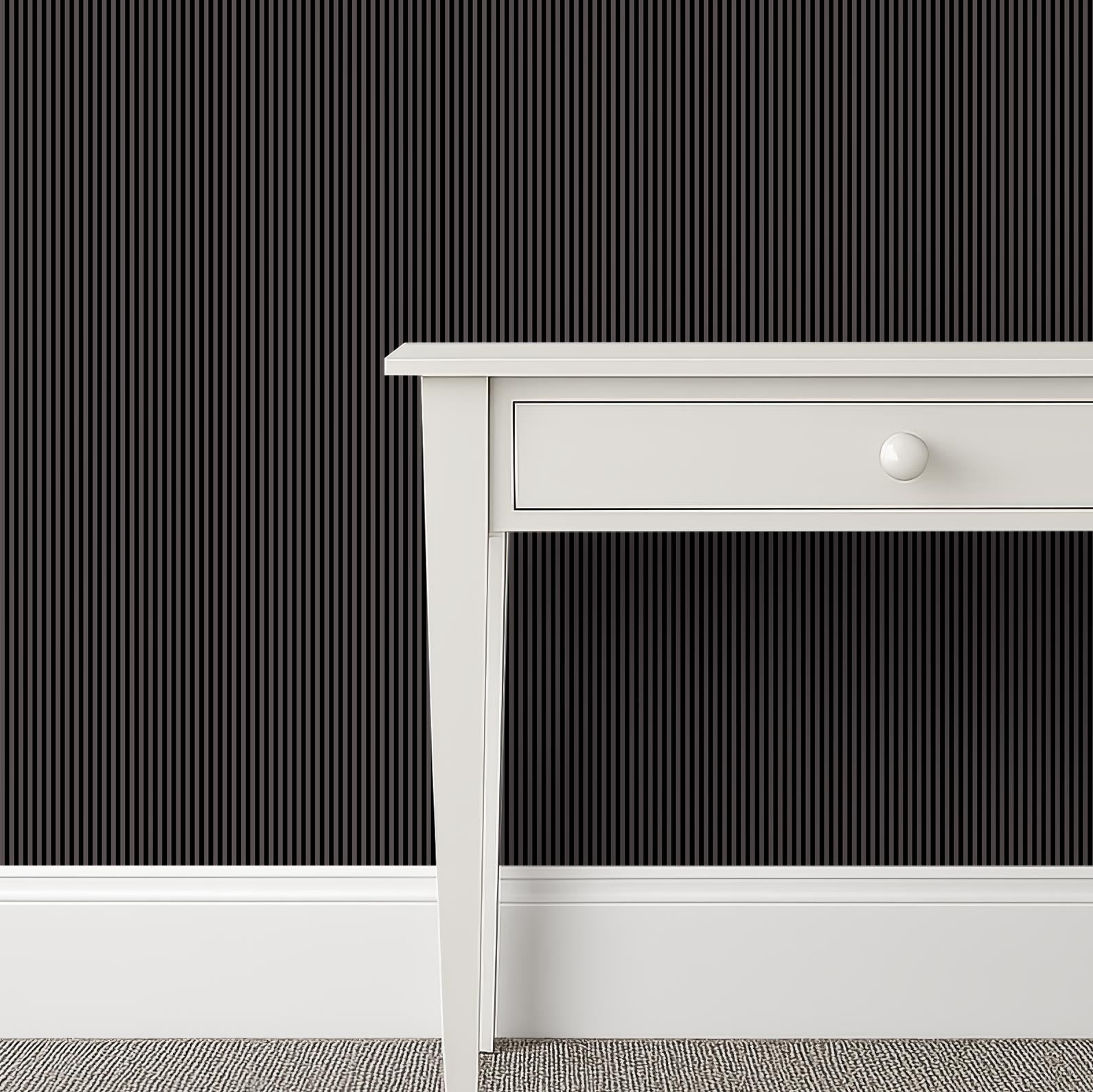 Small-scale black and grey striped wallpaper in a gentleman’s wardrobe with a tailored, masculine atmosphere