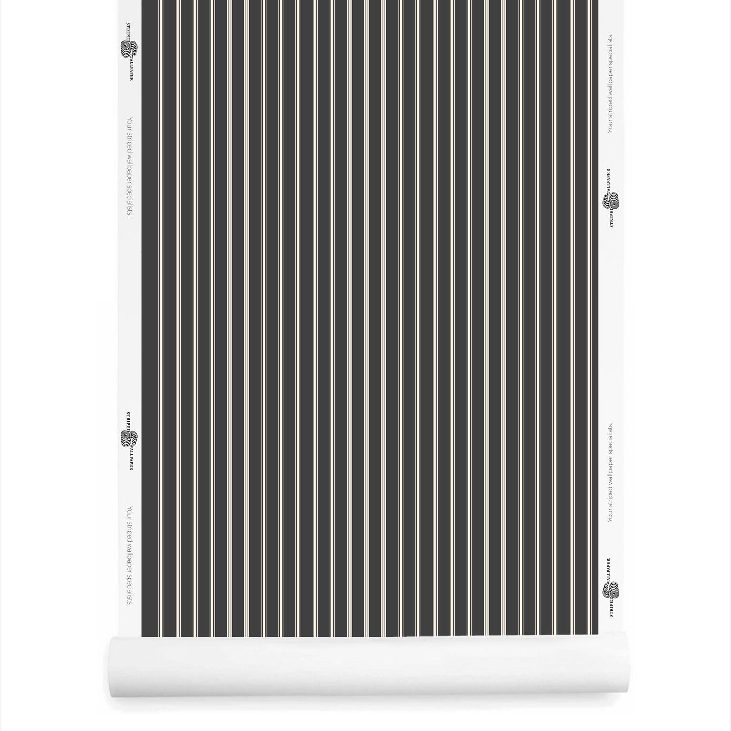 Soft black and cream ticking stripe wallpaper roll with moody textile-inspired design – Lachman