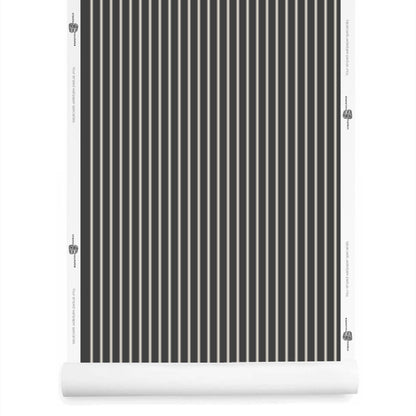 Soft black and cream ticking stripe wallpaper roll with moody textile-inspired design – Lachman