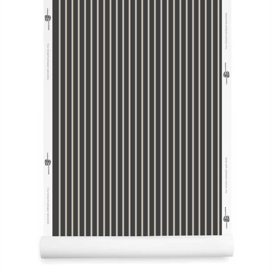 Soft black and cream ticking stripe wallpaper roll with moody textile-inspired design – Lachman