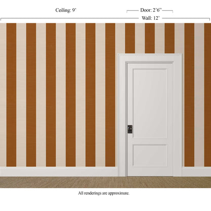 Wide spice brown striped wallpaper with silk finish in a collected dining room