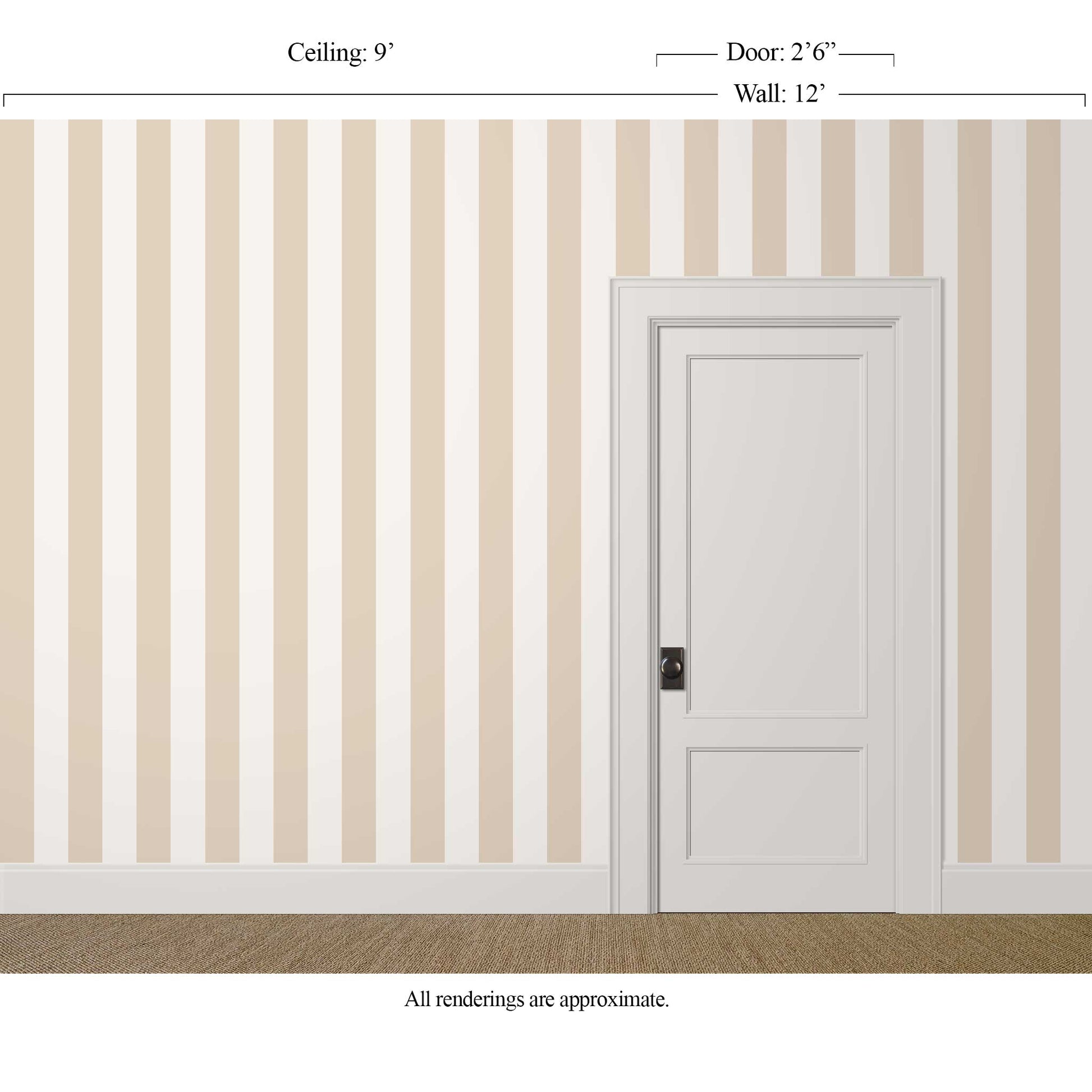 Broad tan and white striped wallpaper in a room layered with vintage rugs and artwork