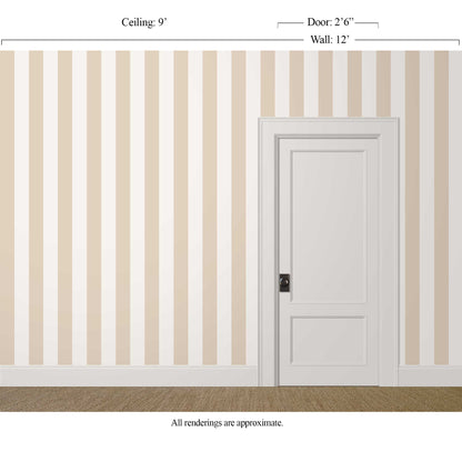 Broad tan and white striped wallpaper in a room layered with vintage rugs and artwork