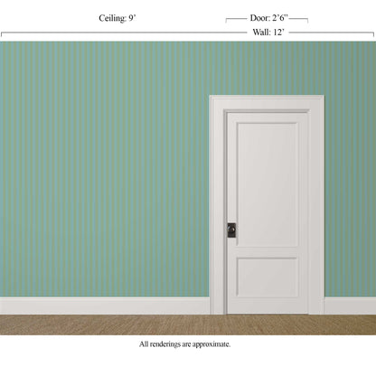 Classic 1 inch teal blue and green striped wallpaper in a transitional dining room