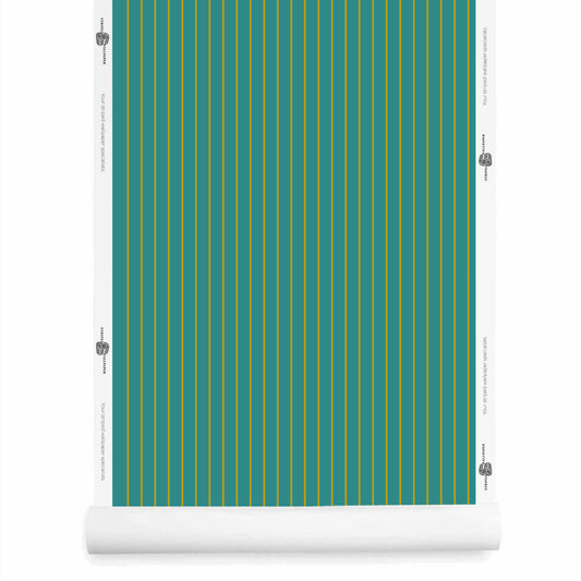 Teal and mustard pinstriped wallpaper roll – Lachman Verdigris Citadel