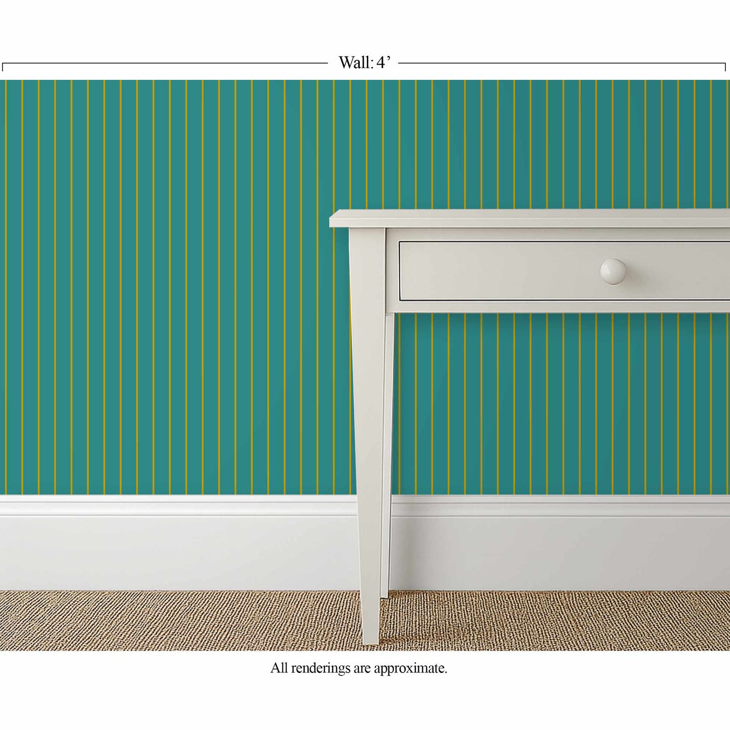 Teal and mustard pinstripe wallpaper in a modern dining room with white furniture and trim