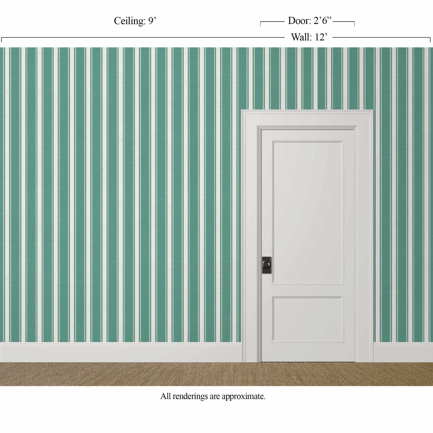 Teal and white silk finish striped wallpaper in a traditional bedroom with cream painted trim