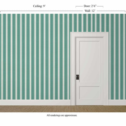 Teal and white silk finish striped wallpaper in a traditional bedroom with cream painted trim