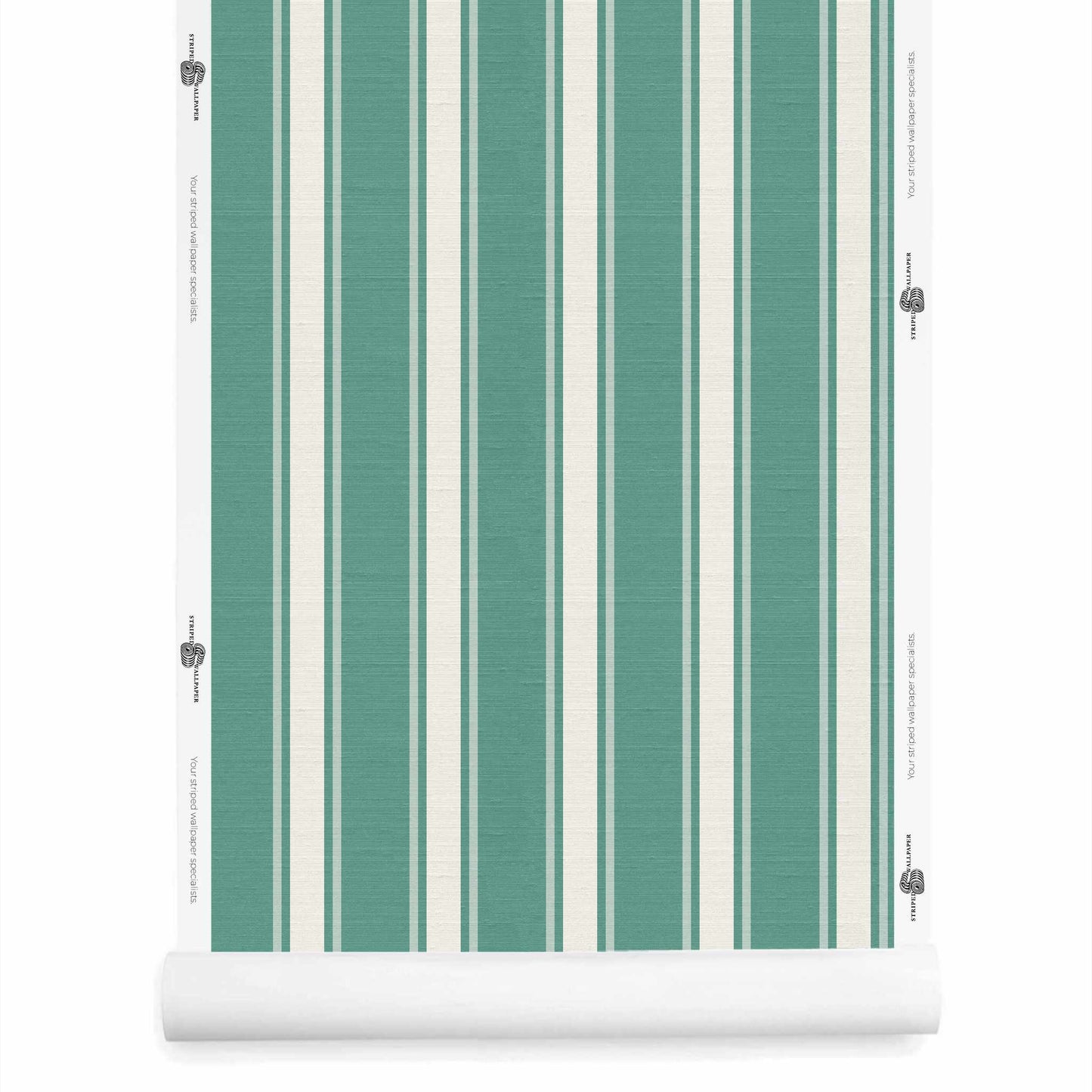 Teal and white striped wallpaper roll with silk finish – La Solana Namesake Soft Cream Agave