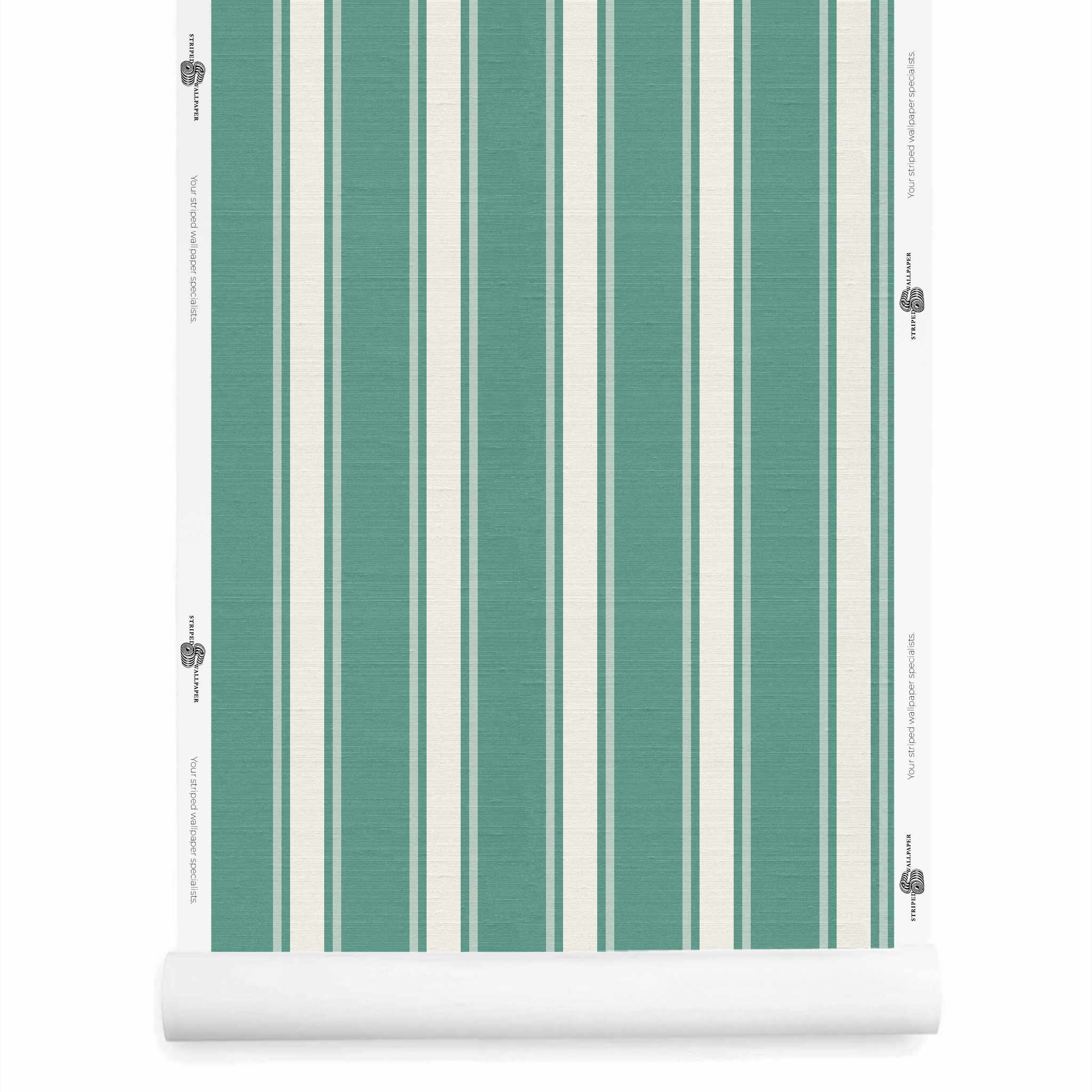 Teal and white striped wallpaper roll with silk finish – La Solana Namesake Soft Cream Agave