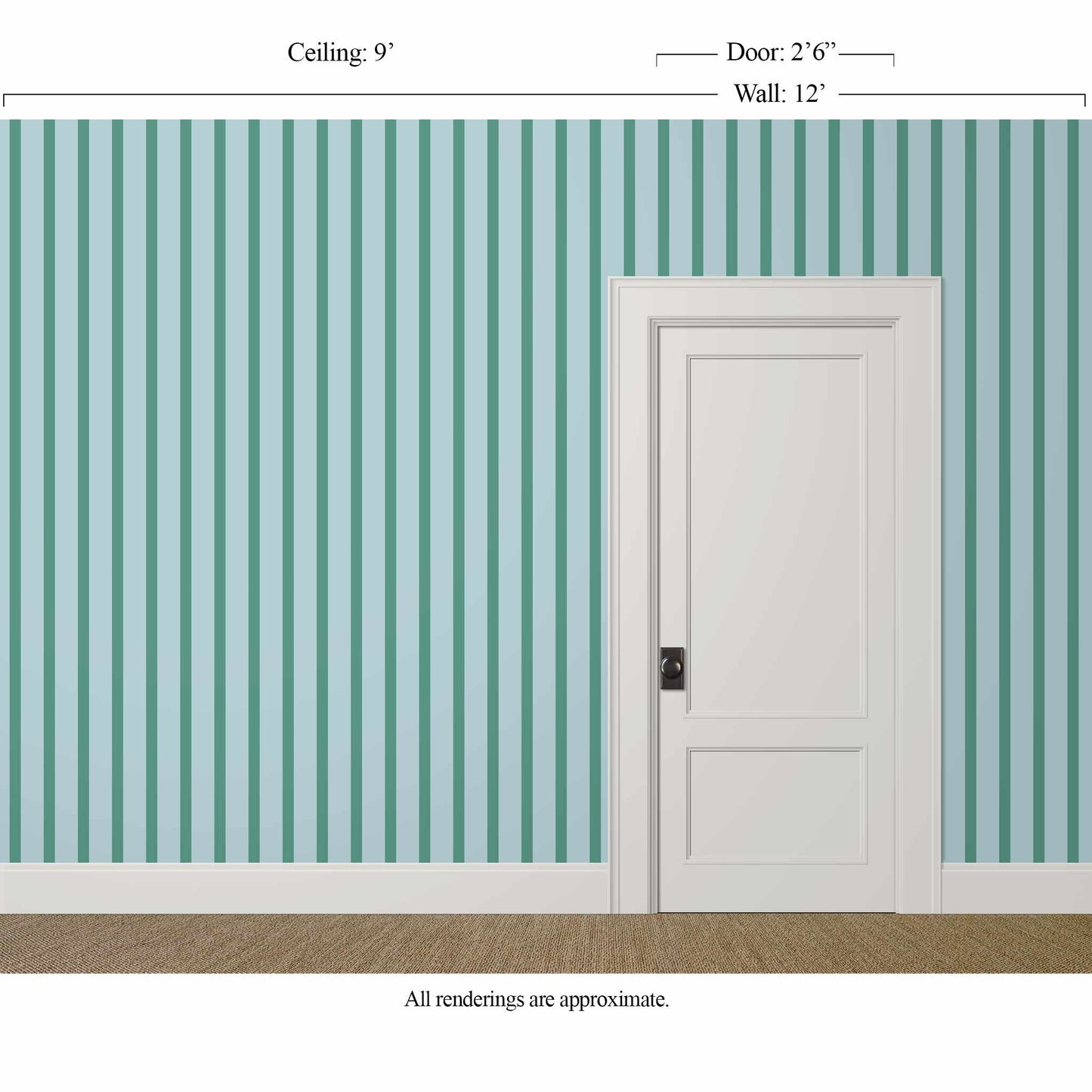 Teal and blue striped wallpaper in a relaxed modern bedroom with linen upholstery