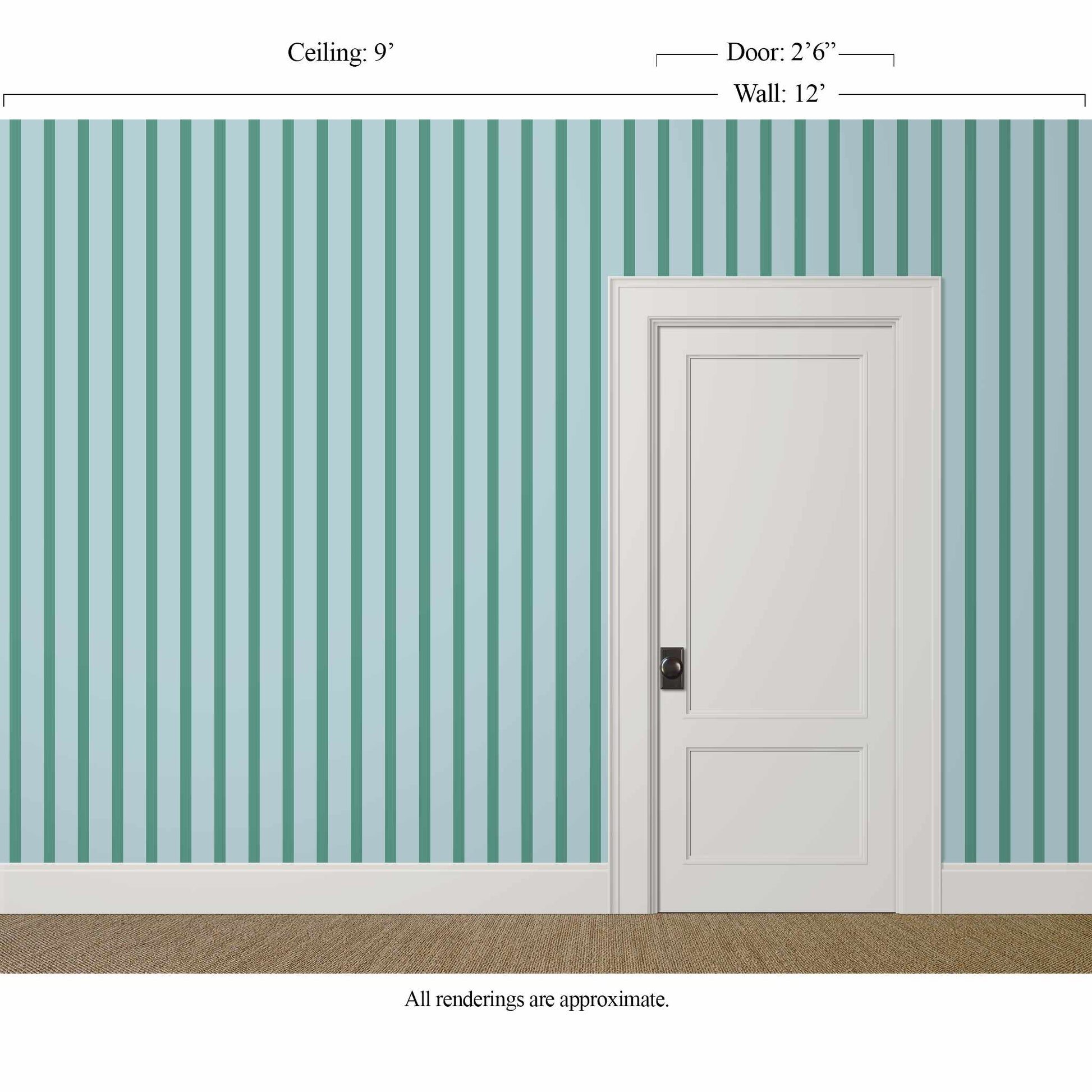 Teal and blue striped wallpaper in a relaxed modern bedroom with linen upholstery
