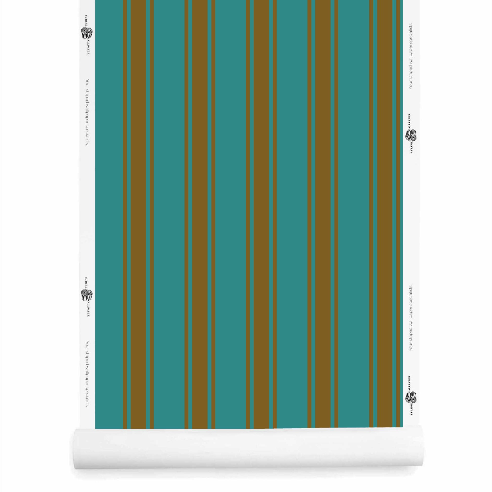Teal and brown striped wallpaper roll – La Solana Verdegris Syrup