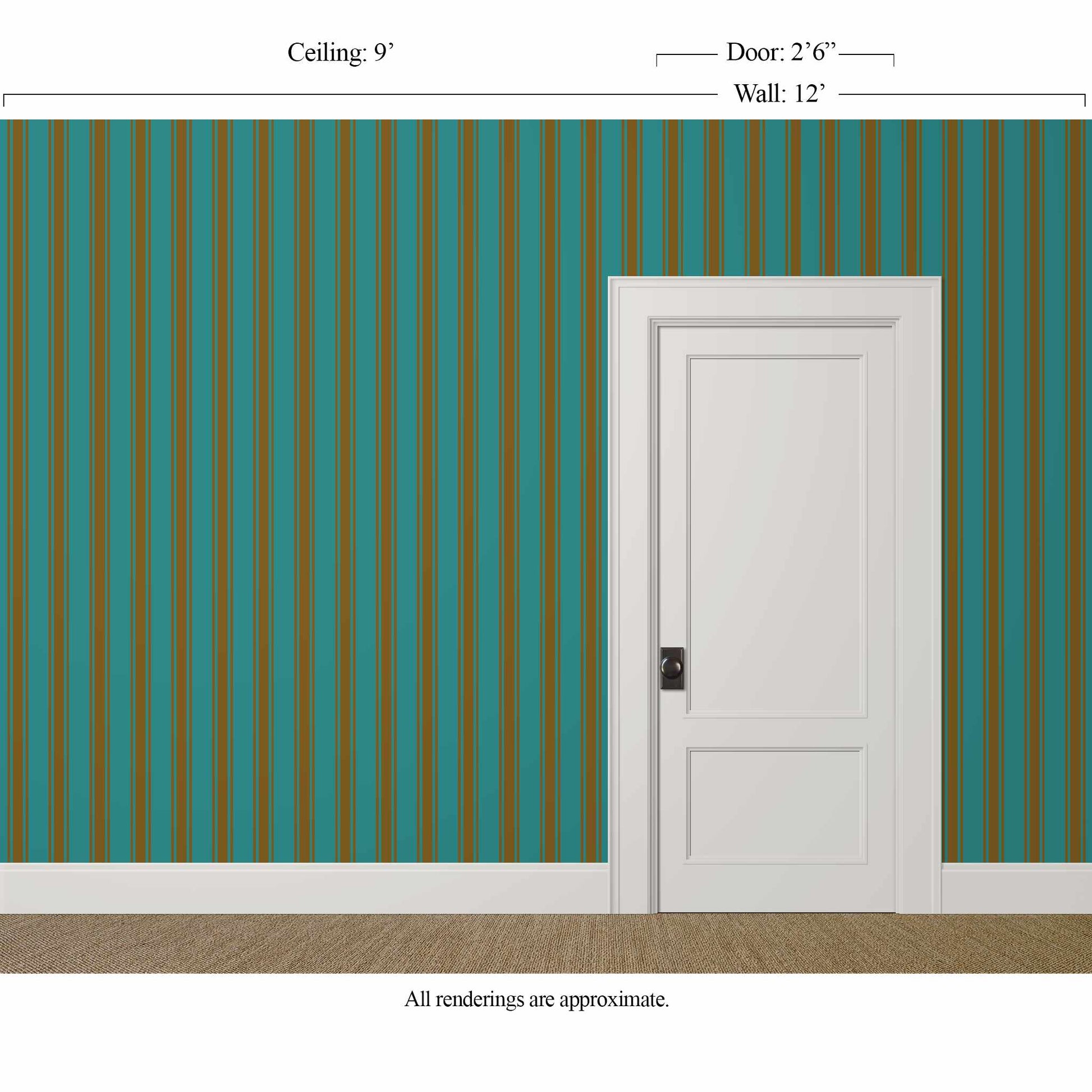 Teal and brown striped wallpaper in a dining room with classic light trim