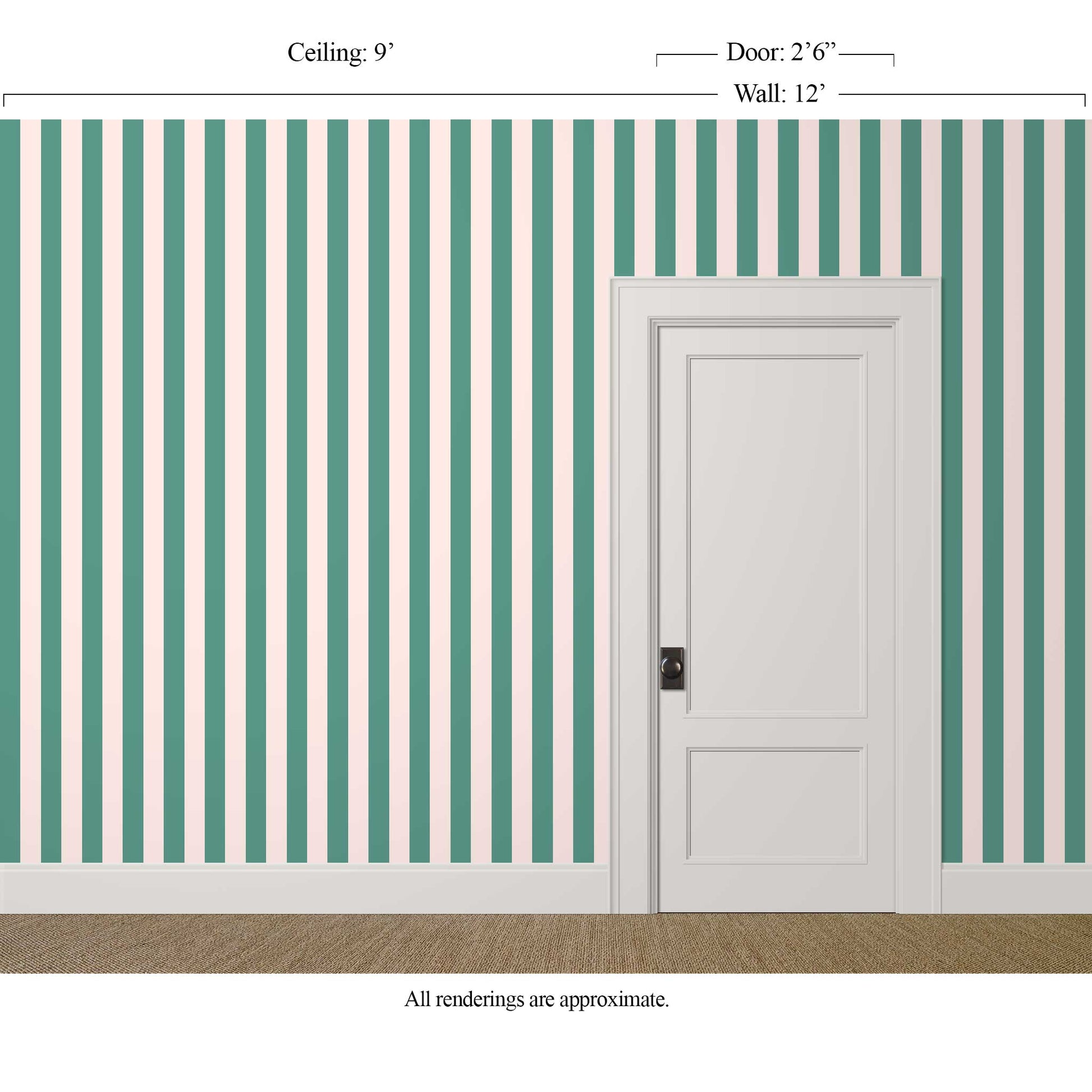 Classic teal and blush striped wallpaper in a cafe with ivory trim