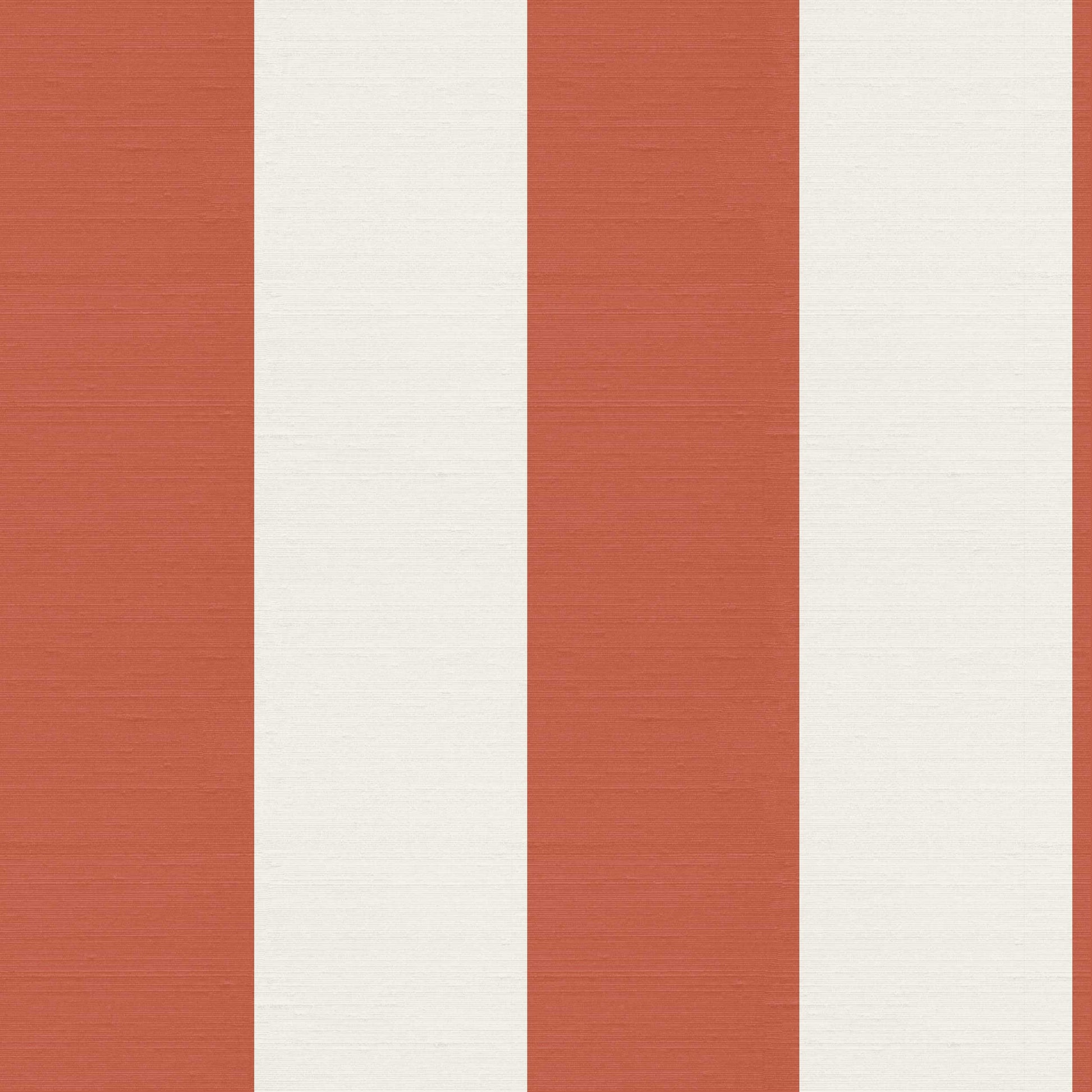 Terracotta striped wallpaper pattern with silk finish, wide vertical stripes in terracotta and soft cream, Emerson.